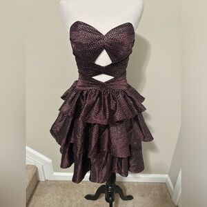 Stunning Burgundy Ruffle Dress with silvery sparkle skirt & flattering cut outs